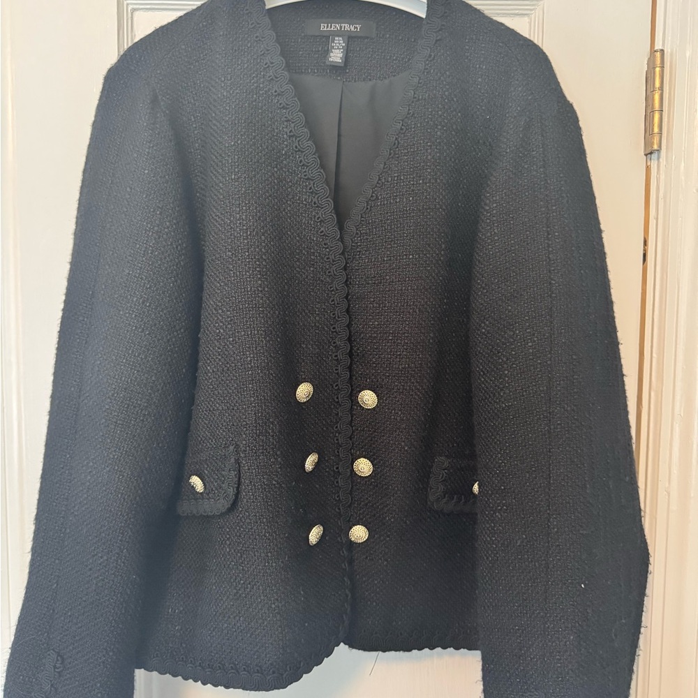 Ellen Tracy Black Textured Blazer with Gold Buttons